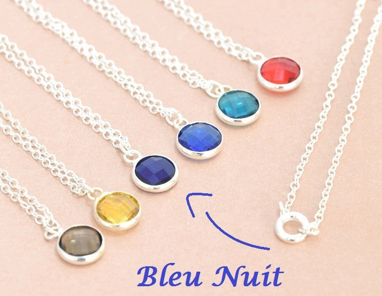 Achat Collier laiton argent 41 cm et pendentif verre 9 mm bleu nuit serti argent à personnaliser