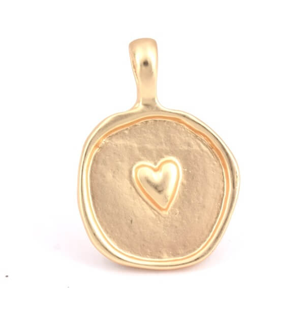 Pendant, Round Medal Heart Golden Plated Mat 24mm (1)